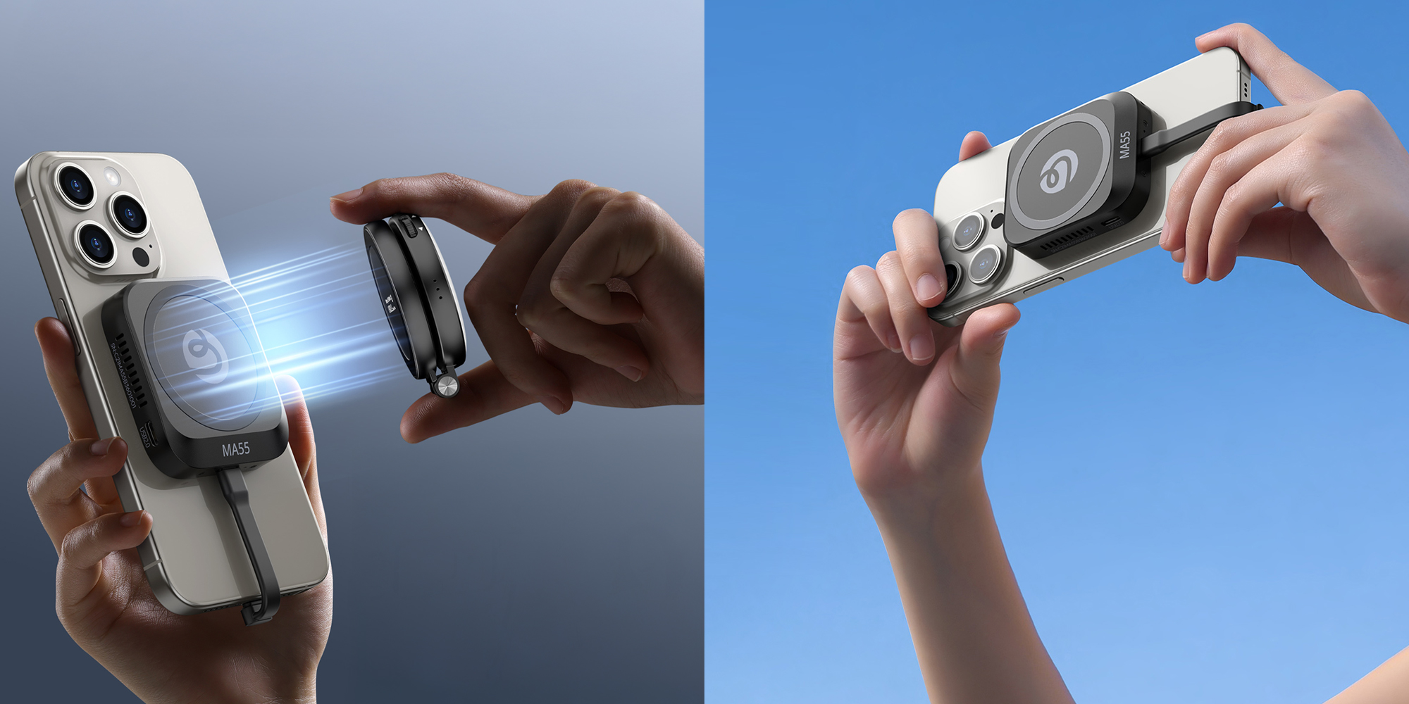 Obudowa na dysk M.2 Ulanzi MA55 do smartfona przezentacja magnetycznego mocowania MagSafe w połączeniu ze smartfonem